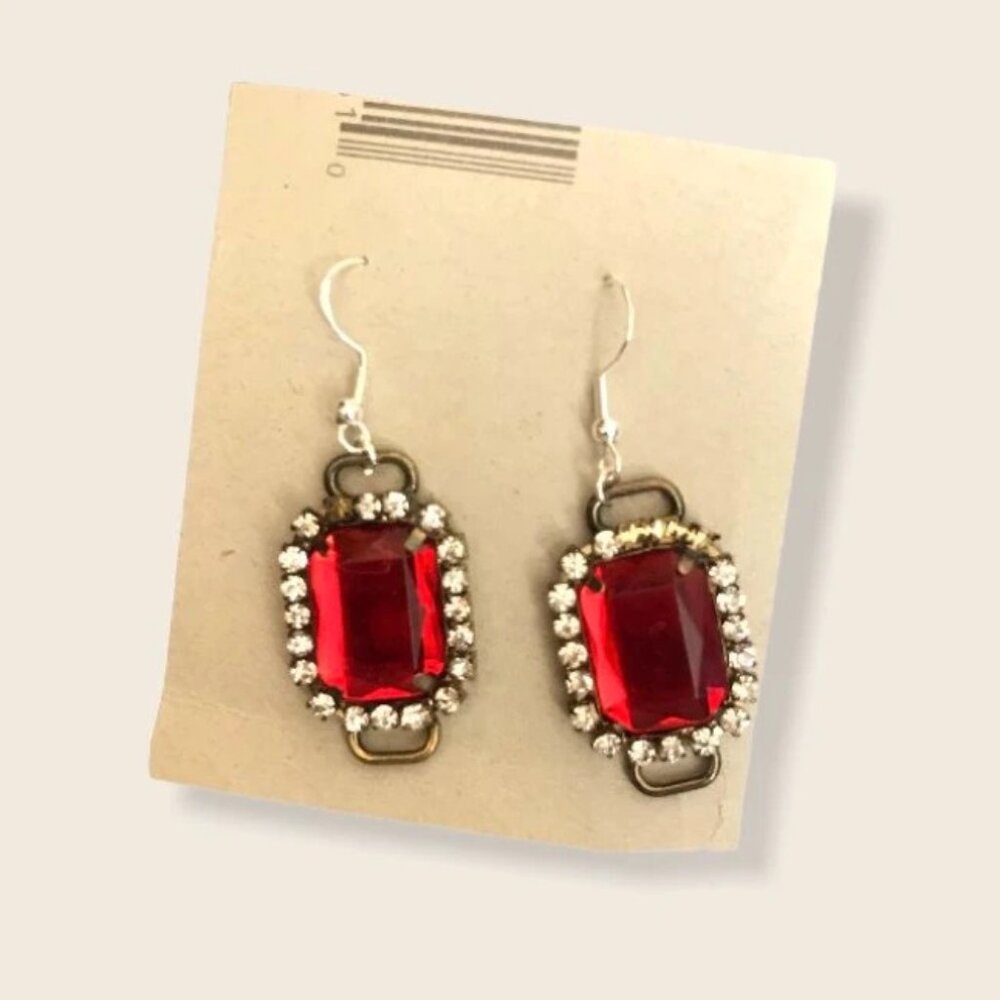 Vintage Crimson Red Jewels Dangle Hook Earrings